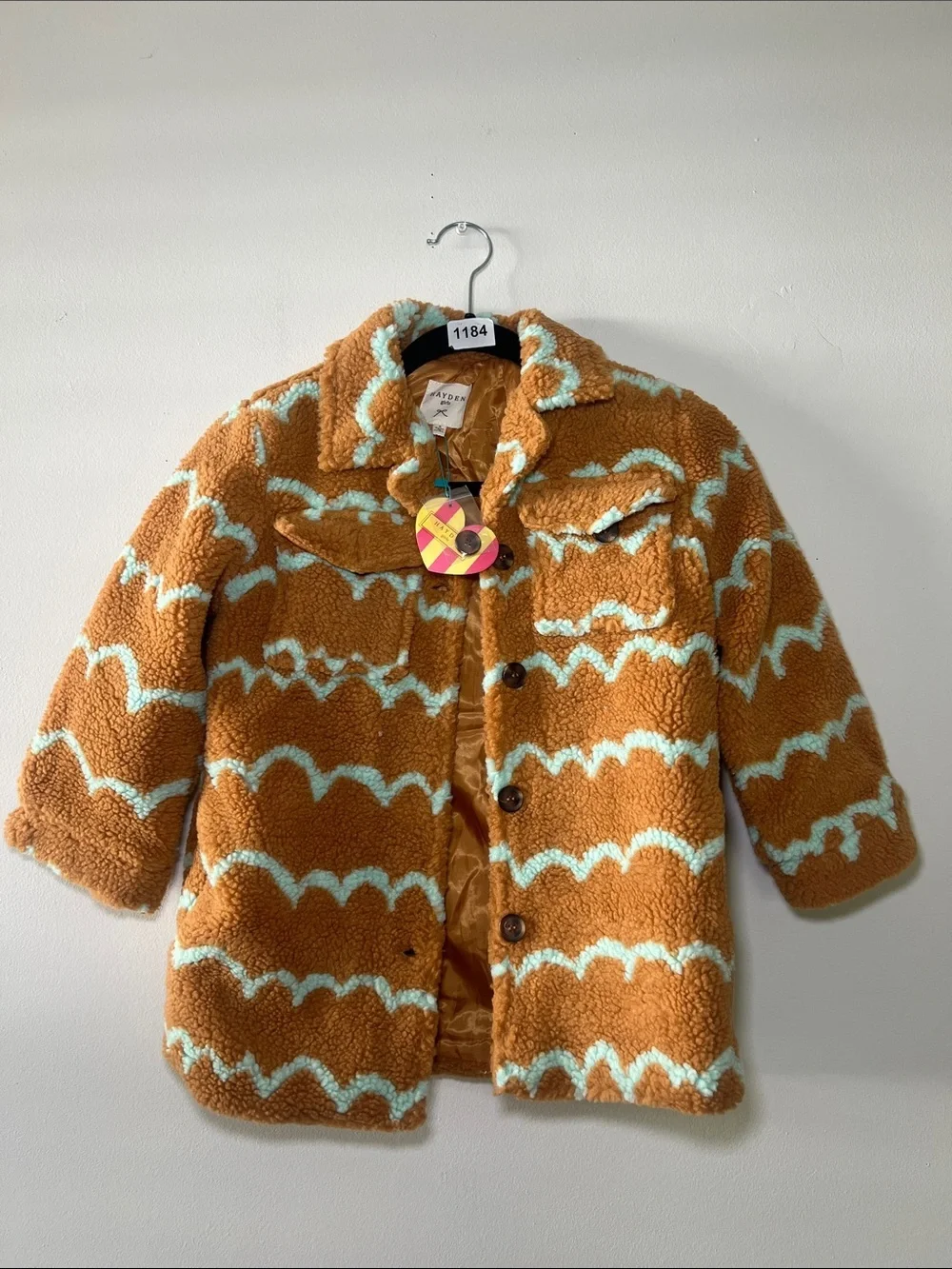 Hayden Girls Cozy Wave-Pattern Teddy Coat in Brown & Light Blue